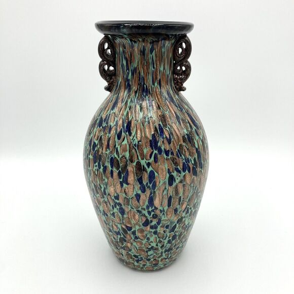 Vintage Murano Art Glass Vase Aventurine Teal Gold Fleck Mid Century Art Nouveau - Picture 7 of 8
